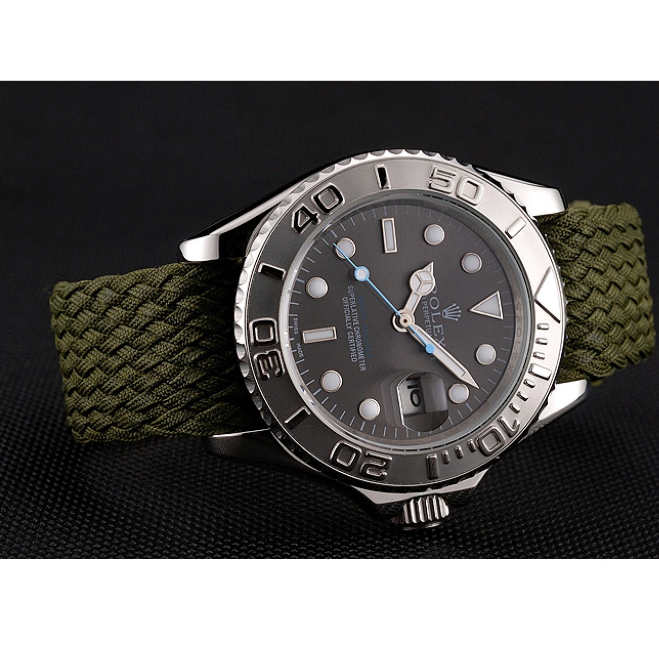 Aaa fake watches Dial Master Yacht Green Fabric Green Bracelet Rolex 1453869 0612